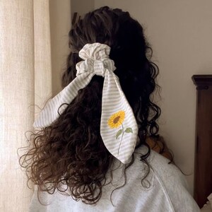 Embroidered Sunflower Hair Bow | Linen Scrunchie