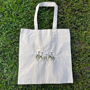 wildflowers Embroidered Canvas Tote Bag, reusable bag, cute tote bag, daisies tote bag,cotton tote bag,book bag floral tote Bible study bag
