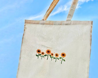 Embroidered Sunflowers Canvas Tote Bag: Reusable Floral Design