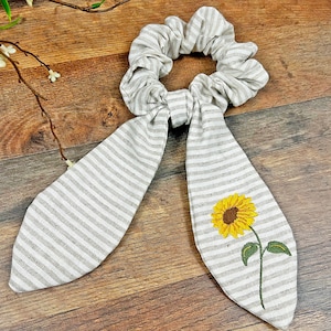 Embroidered Sunflower Hair Bow | Linen Scrunchie