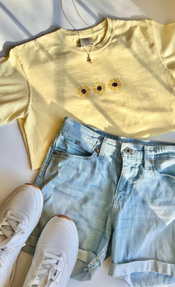 Embroidered Sunflower T-Shirt | Comfort Colors Tee | Yellow sunflower t-shirt