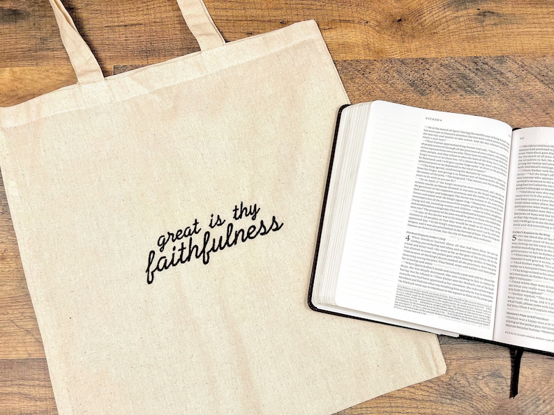 faith Christian tote bag, embroidered with the phrase "great is thy faithfulness"