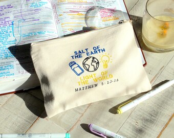 Salt of the Earth Light of the World Pouch, Matthew 5 13 16, Christian Bible Study Gift, Scripture Canvas Pouch, Faith Gift for Women