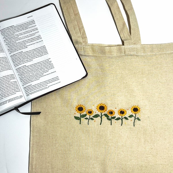 Sunflower Embroidered Canvas Tote Bag, reusable bag, cute tote bag, sunflowers tote bag,cotton tote bag,book bag floral tote Bible study bag