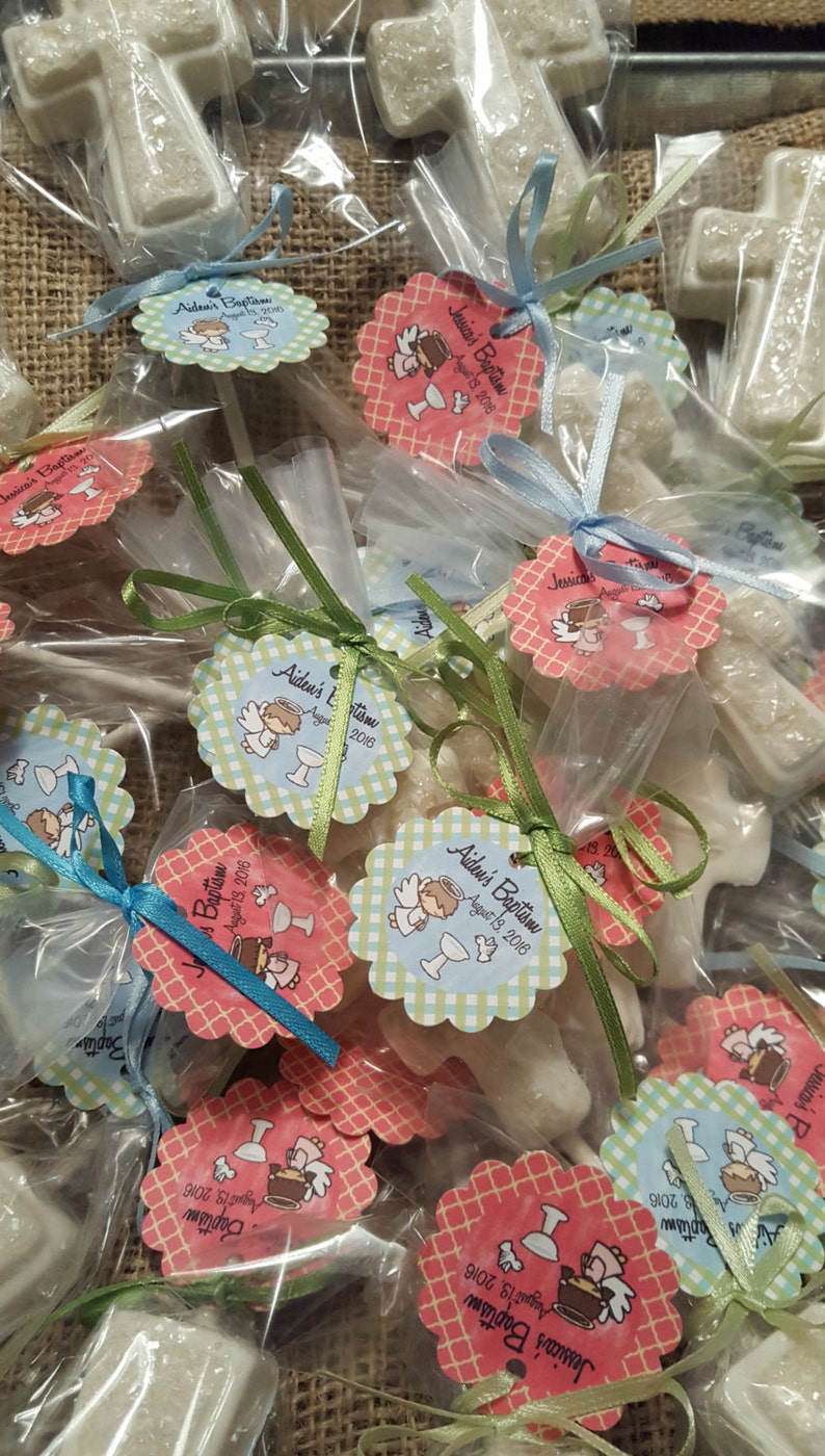 12 Personalized Baptism Favor Tags 2 Round Scalloped Edge Brown Chevron