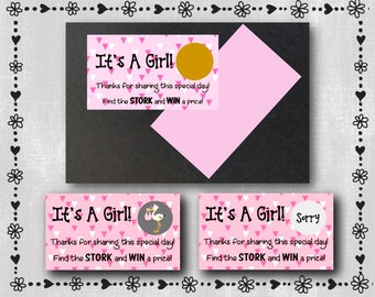 11 It's A Girl! "Triangles" Baby Shower Scratcher Cards - Printed - Stork - Pink - Baby Girl - Scratch Off -