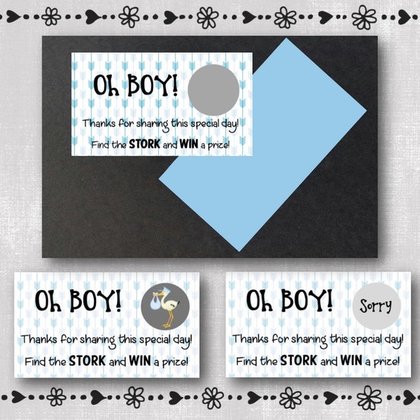 11 Oh BOY! "Down Arrows" Baby Shower Game Scratcher Cards - Printed - Stork - Blue - Baby Boy - Scratch Off -