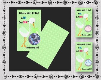 11 - HE or SHE? Gender Reveal -  Baby Shower Scratcher Cards - Printed - Stork - Green - Baby Girl Or Boy - Scratch Off -
