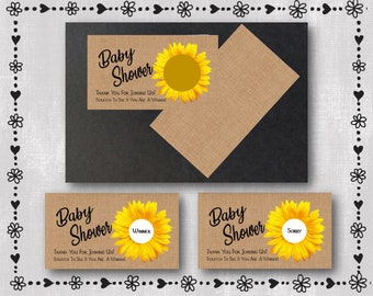 11 Sunflower Baby Shower Game Scratcher Cards - Printed - Sunflower - Beige Burlap - Mommy To Be - Scratch Off -