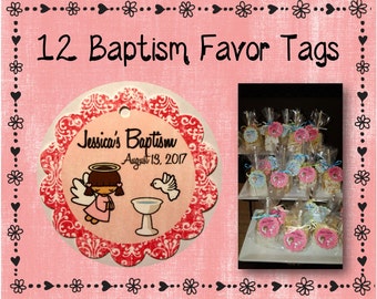 12 Personalized Baptism Favor Tags - 2" Round Scalloped Edge - Pink Damask - Baptism Favors - Christening Favors