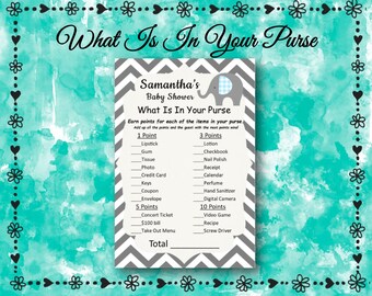 12 Personalized What Is In Your Purse Game Cards - Baby Shower Game (12 Printed Game Cards)