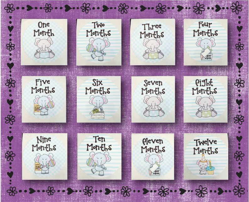Milestone Monthly Stickers BLUE Baby Elephants Months 1-12 2.5 Round ...