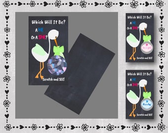 11 - HE or SHE? Gender Reveal -  Baby Shower Scratcher Cards - Printed - Stork - Grey - Baby Girl Or Boy - Scratch Off -