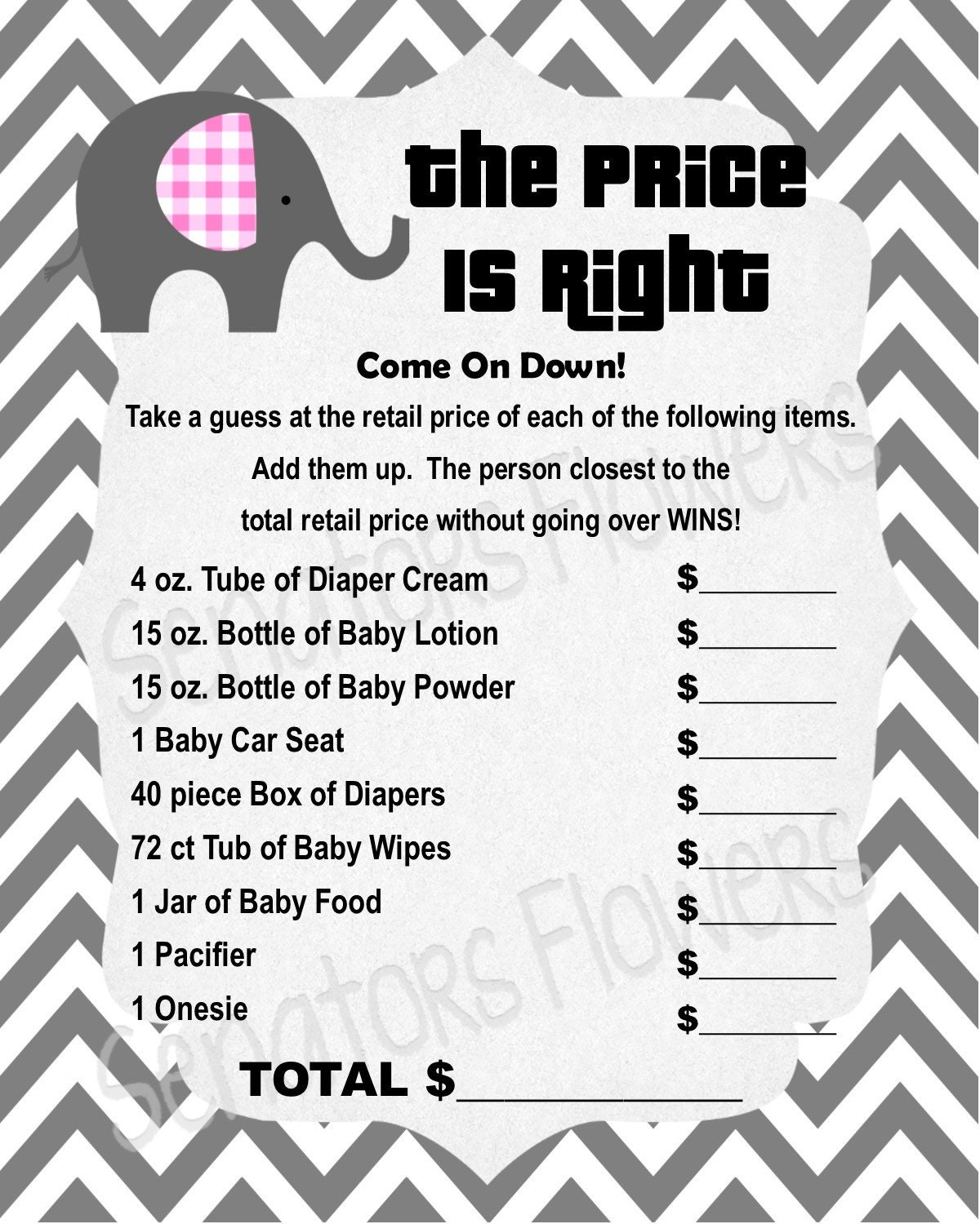 The Price is Right Baby Shower Game INSTANT DOWNLOAD Elephant W/ Pink