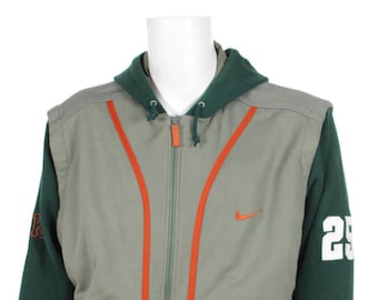 Nike Hooded Sweatshirt Full Zip jacket Removable Sleevs Vest Big Logo Spell Color Block Green/Orange Size L