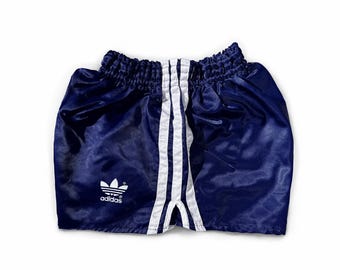 Rare Vintage 80S Adidas Sprinter Shorts  Soft Shiny Nylon navy blue/white   Size L