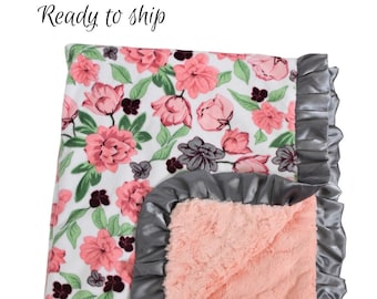 Baby Girl Minky Blanket, Ready to ship baby, QUICK SHIP baby gift, Floral shower gift, Coral baby blanket, quick ship blanket, floral girl