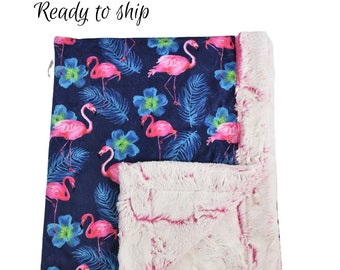 Flamingo Pink READY to SHIP Minky baby blanket, Hot Pink and navy Quick ship Flamingo baby girl minky blanket