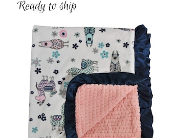 Llama Ready to Ship Pink Baby Girl Baby Gift, QUICK SHIP Tribal Coral baby Girl Baby Blanket, Coral and Navy Llama Baby girl blanket