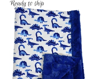 Dinosaur Ready to Ship Baby Boy Minky Blanket, Blue Baby Blanket Quick Ship