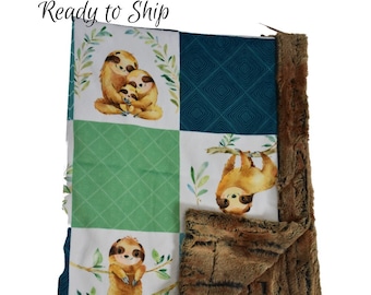 Sloth READY TO SHIP Baby Boy minky Blankets, Quick Ship Country baby boy shower gift, Zoo Animal baby blanket