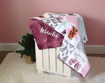 Personalized pink Highland Cow Baby Girl Minky blanket Country baby gift for farm life nursery pink cowhide baby blanket with name