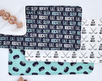 Hockey Baby Burp Cloth Set Three Pack Infant Gift Shower Present Sports Room Decor Blue Puck Design Newborn Blanket Cotton Soft Terry Back