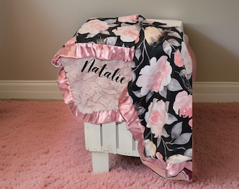 Personalized Floral Pink minky baby blanket for  newborn baby gift pink bird monogramed baby blanket with name boho nursery gift for new mom