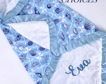 Blue coastal girl Baby Blanket Baby Shower Gift Newborn Girl Soft minky Satin Trim blanket handmade Seashell baby Photo Prop Toddler gift