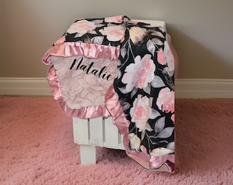 Personalized Pink Baby Girl Minky Blanket with satin, Bird baby blanket, Newborn baby gift, Gift for new Mom, Floral baby blanket with name