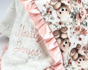 Personalized Baby Blanket Teddy Bear Floral Print Pink Satin Trim Nursery Crib Bedding Custom Minky Throw Embroidered Infant Gift Baptism