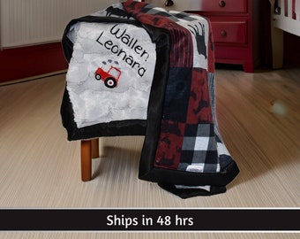 Personalized Red Tractors Boy Baby minky Blanket custom monogram blanket with name newborn baby gifts crib bedding embroidered blanket