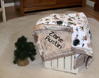 Personalized BEAR Deer Woodland baby boy minky blanket Forest Animals boy Baby Shower Gift Neutral baby shower gift Muted Brown baby