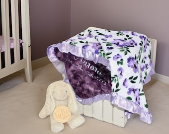 Purple Boho Personalized Girl minky Baby blanket, Lilac Floral Baby Girl Gift, purple nursery, lilac baby blanket, lavender floral blanket