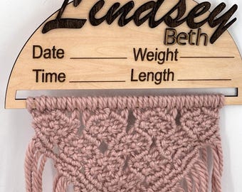 Macrame Door Hanger Welcome Sign Birth Announcement Photo Session Baby Milestone Natural Wood Nursery Decor Boho Style Baby Gift Custom Name