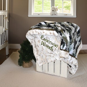 Personalized Woodland Minky baby boy Blanket, Deer Baby gift, Woodland nursery, camo blanket, fawn baby blanket, mossy oak baby boy gift image 1