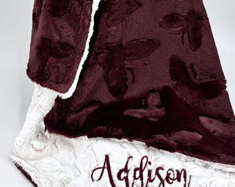 Burgundy Butterfly Blanket Personalized Gift Baby Shower Nursery Item Soft Plush Minky Fabric Textured Design Custom Embroidery Name Option