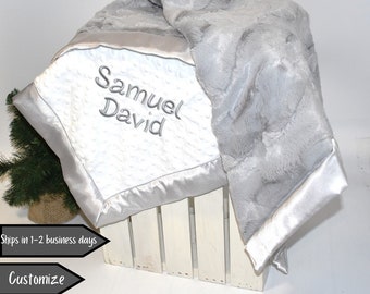 Personalized Gray baby boy minky blanket satin baby gift Custom name for newborn neutral baby shower gift ideas embroidered birthday blanket
