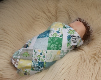 Knit Swaddle Blanket- Baby boy Dinosaur swaddle blanket- Green, gray and blue Prehistoric animal Shower gift, t-rex baby, dino baby blanket