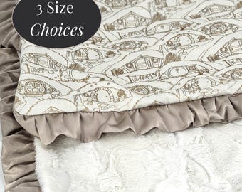 Hobbit Baby boy Blanket Minky Fabric Satin Ruffle Throw Soft Fantasy Bedding Middle Earth Nursery Tolkien Inspired Personalized Gift Lotr