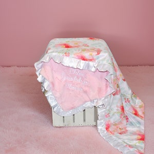 Boho pink personalized baby girl blanket for new mom gift girl handmade softest baby girl minky and satin blanket floral custom baby blanket
