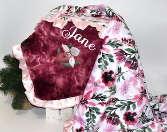Personalized Baby Gift, Pink Personalized Boho Baby Girl Minky blanket, Merlot Floral Baby Girl Shower Gift, pink baby girl blanket
