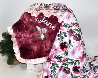 Personalized Baby Gift Pink Personalized Boho Baby Girl Minky blanket Merlot Floral Baby Girl Shower Gift pink baby girl blanket