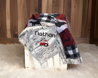 Personalized baby gift-Tractor Blanket red tractor- personalized minky blanket, farm baby gift, boy baby blanket, embroidered tractor