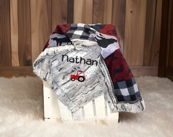 Personalized baby giftTractor Blanket red tractor personalized minky blanket farm baby gift boy baby blanket embroidered tractor