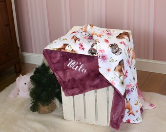 Personalized deer baby blanket, Girl Minky blanket, woodland baby gift,  Pink woodland animal baby blanket with name, new baby gift,