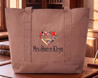 Personalized Teacher Tote Canvas Laptop Carrier Bag Embroidered Name Custom School Work Supply Organizer Heavy Duty Bookbag Large Book