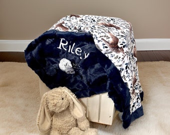 Personalized blue WOLF baby boy minky Blanket-fox baby boy shower gift- Personalized baby gift, Woodland wildlife baby