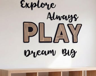 Playroom Wall Art Wooden Nursery Baby Gift Toddler Room Children Play Word Sign Kids Space Farmhouse Infant Natural Wood Rustic Child