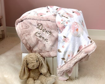 Personalized pink baby blanket- Minky blanket girl-watercolor floral blanket- personalized baby girl gift, Boho baby, newborn baby gift